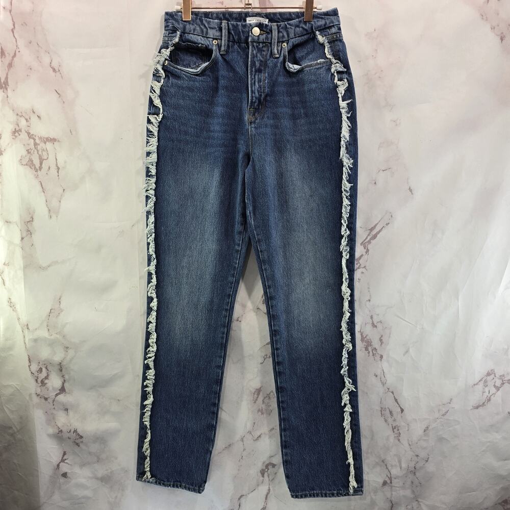 Good American Jeans Womens 4 27 High Rise Denim Dark Wash Fringe Stripe